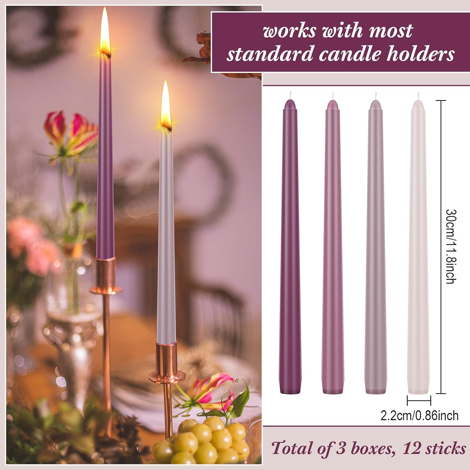 Threan 12 velas cónicas de colores, velas cónicas de colores, velas perfumadas de sándalo ámbar, velas de larga duración para decoración de bodas de