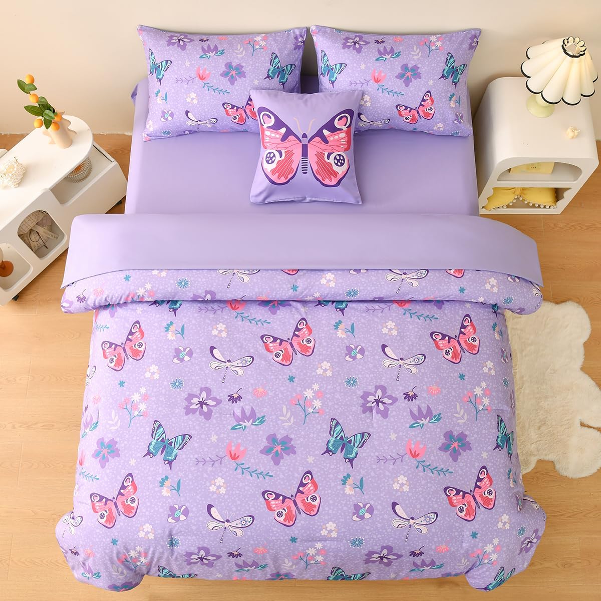 Tasselily Juego de ropa de cama de mariposa matrimonial, juego de edredón de mariposa púrpura para niñas, niños y adolescentes, 6 piezas de cama en