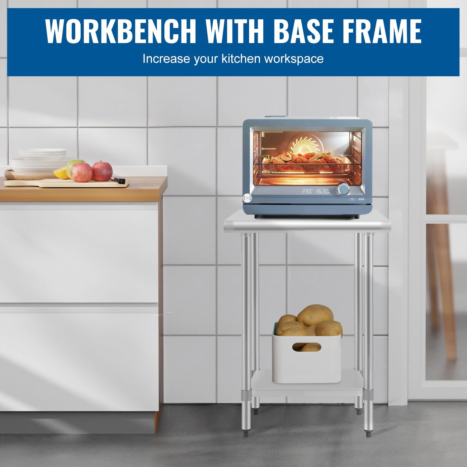 FDW – Mesa de trabajo ajustable de acero inoxidable resistente a los rayones para uso comercial, cocina o para organización y almacenamiento, Acero