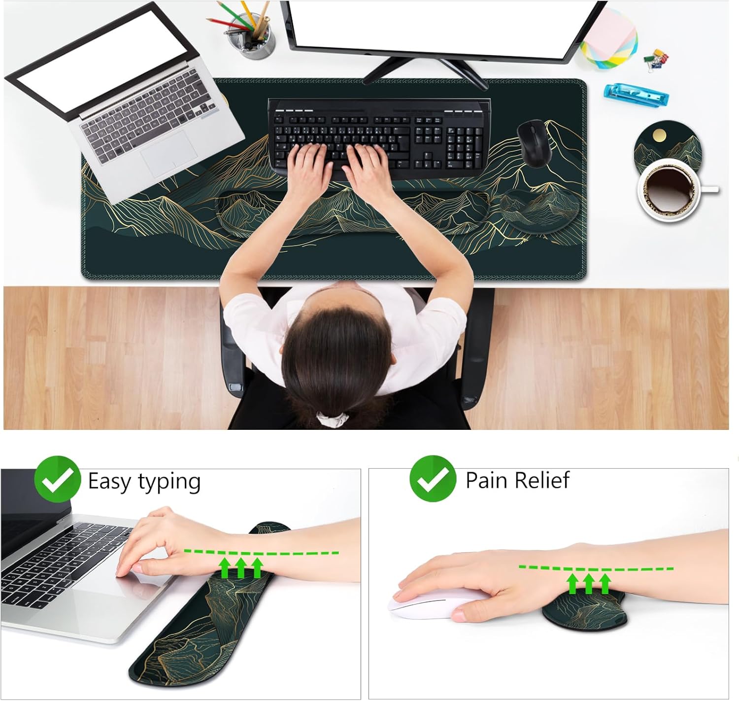 AIMSA Juego de reposamuñecas para teclado y mouse, alfombrilla de escritorio extendida + alfombrilla ergonómica para mouse con reposamuñecas +