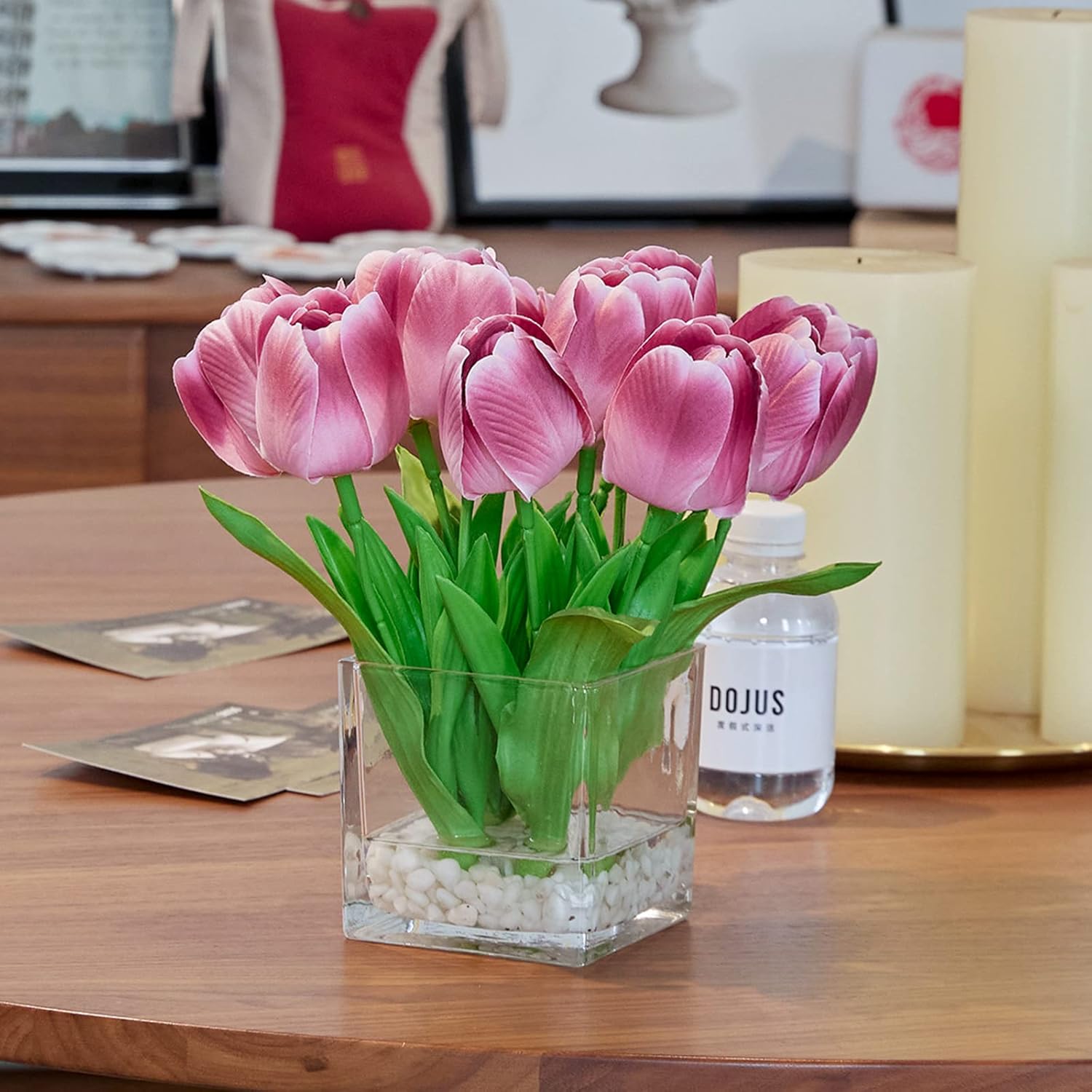 Flores artificiales, arreglo floral de tulipanes en jarrón, flores falsas, tulipanes de seda, modernas flores artificiales de seda para el hogar,