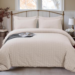 HYMOKEGE Seersucker – Juego de funda de edredón de 2 piezas, color beige, juego de ropa de cama de microfibra cepillada suave de lujo con 1 funda de HYMOKEGE Seersucker – Juego de funda de edredón de 2 piezas, color beige, juego de ropa de cama de microfibra cepillada suave de lujo con 1 funda de