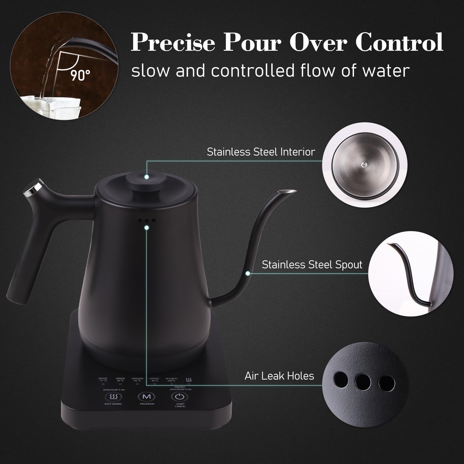 Huogary Hervidor eléctrico de cuello de cisne, tetera para verter sobre la tetera y tetera, hervidor de temperatura variable para café y té,