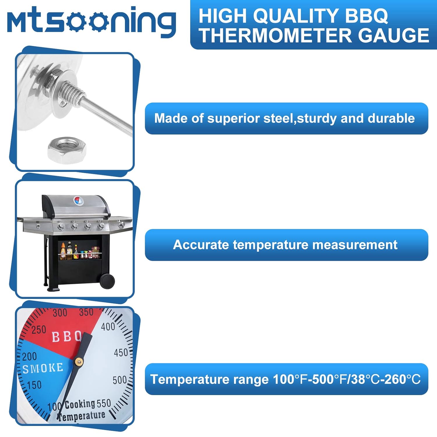 Mtsooning Medidor de termómetro para barbacoa, temperatura de parrilla de acero inoxidable de 2 pulgadas2.047 in, Fahrenheit e indicador de calor