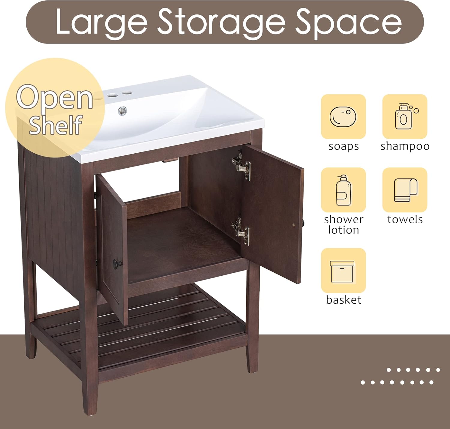 P PURLOVE Mueble de baño de 24 pulgadas con fregadero, armario de almacenamiento de baño con puertas y estante abierto, juego de fregadero de madera