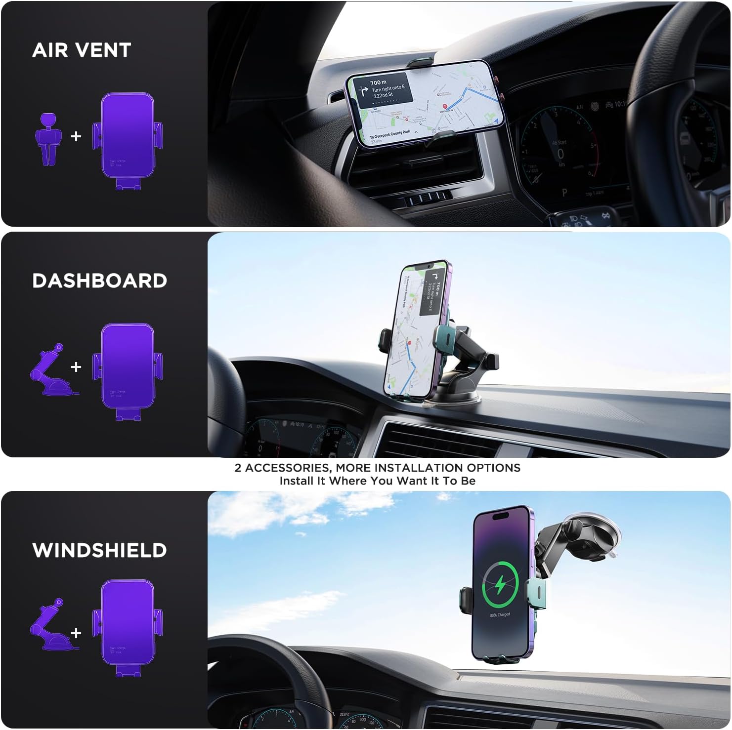 Cargador inalámbrico para automóvil, retroiluminación LED de 7 colores soporte de teléfono de sujeción automática de 15 W para iPhone 15 14 13 12