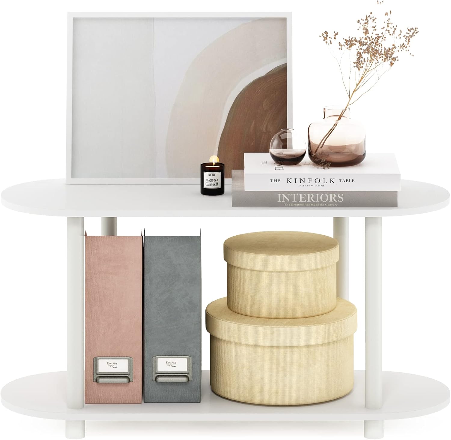 Furinno Turn-N-Tube – Mesa con laterales ovalados moderna, se monta sin herramientas, color blanco y blanco virgen