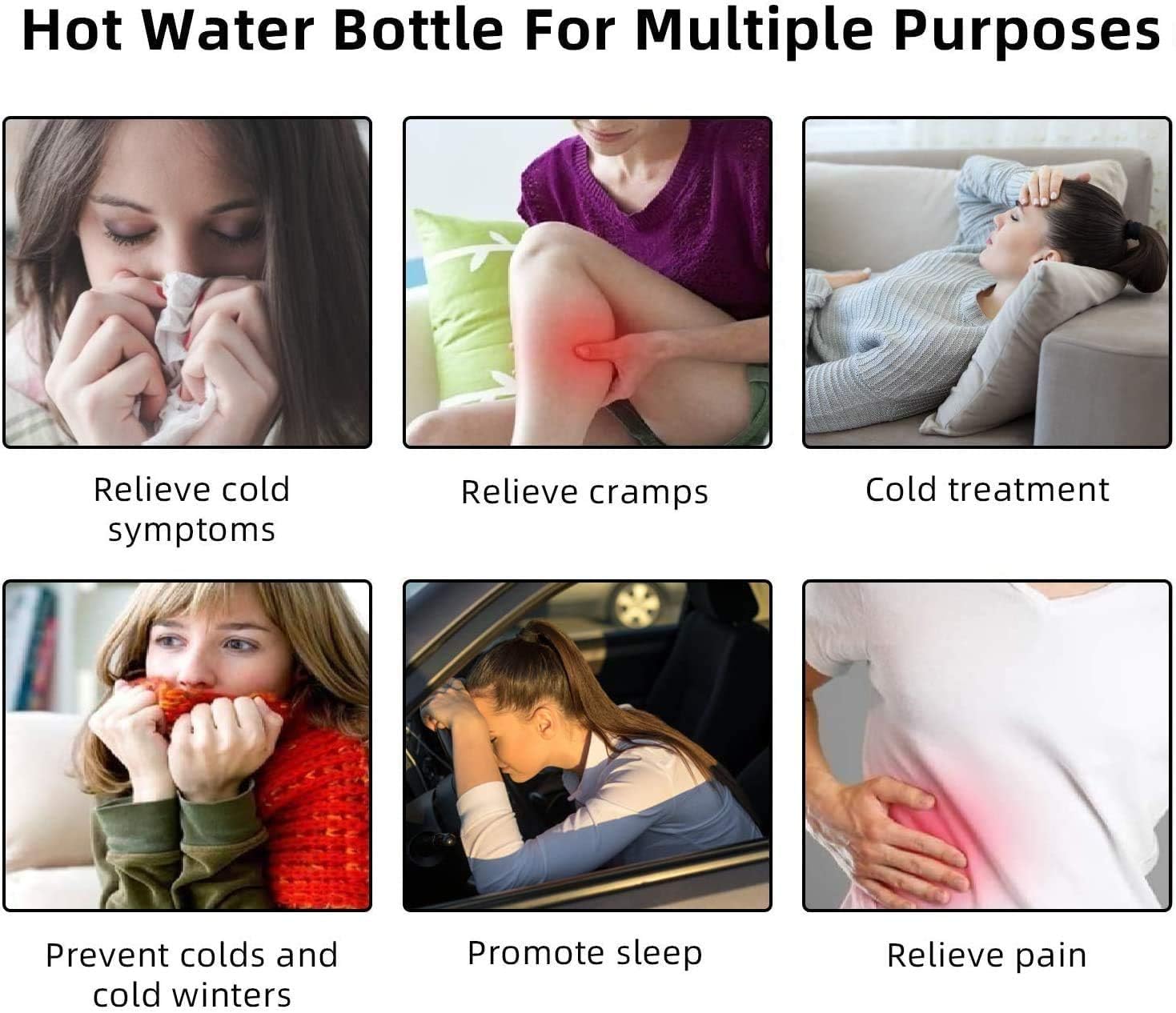 Botella de agua caliente de goma con tapa suave (2 litros), bolsa clásica de agua caliente para aliviar el dolor, calambres, cuello, dolor de