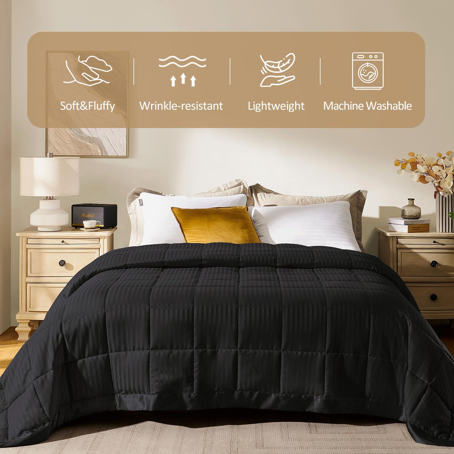 downluxe – Manta con ribete de satén, ligera, con relleno alternativo, para todas las estaciones, lavable a máquina, tamaño individual (color negro,