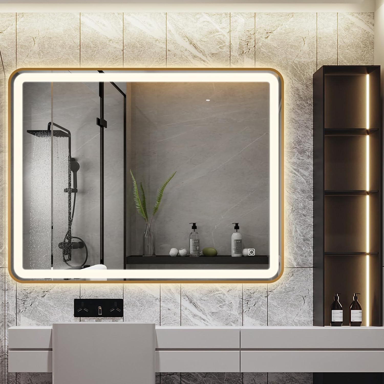Espejo de baño LED, espejo rectangular de 36 x 28 pulgadas, espejo de pared antivaho con luz cálida  natural  blanca ajustable de 3 colores, 6000 K