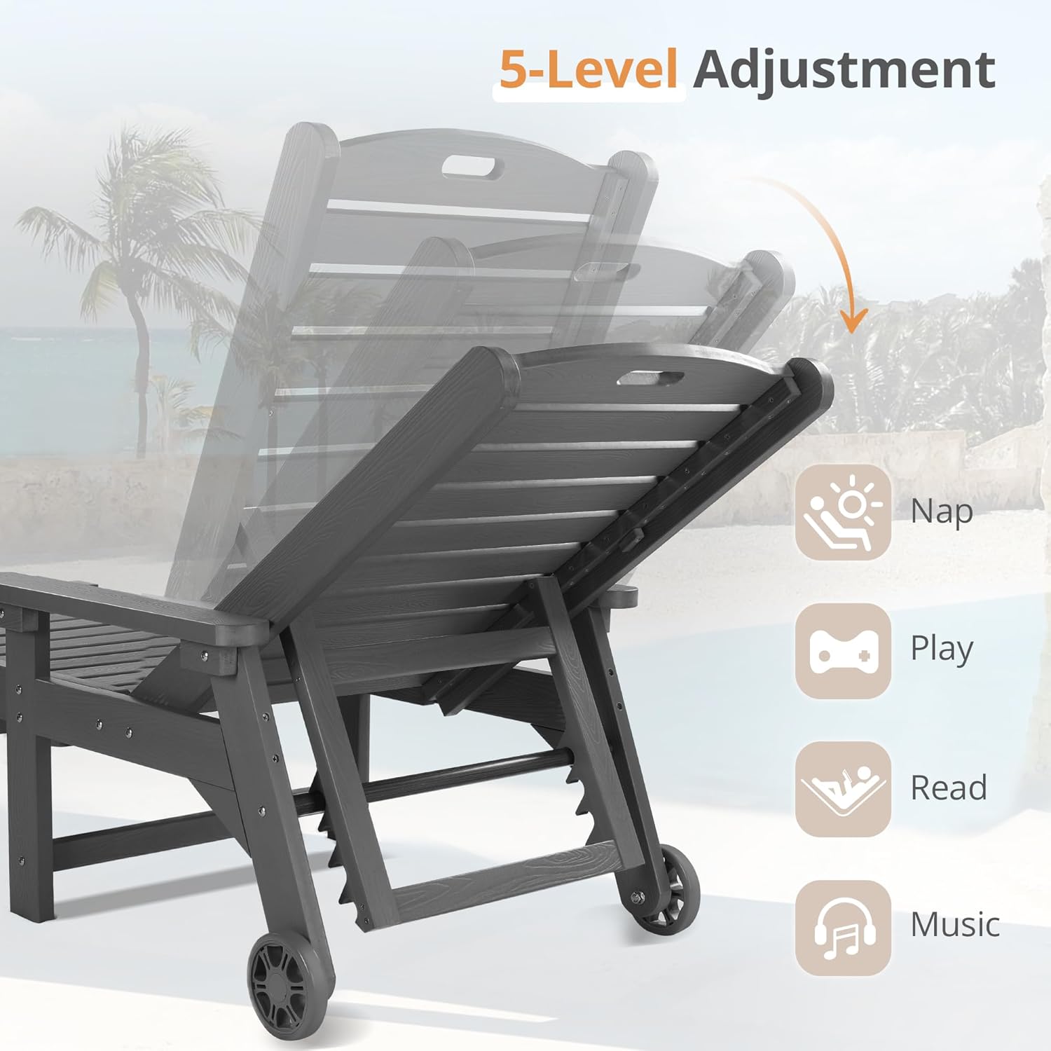 LUE BONA Tumbona para exteriores, material HDPS, silla de patio con respaldo ajustable, sillas de piscina de resina con ruedas para exteriores,