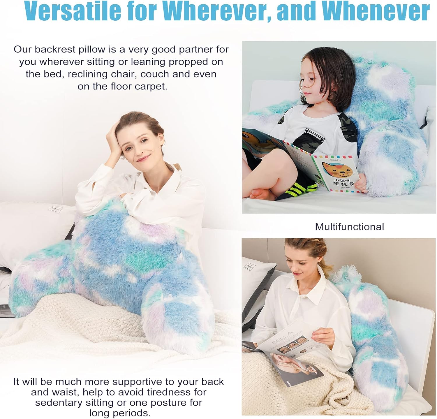 Bedriping Almohada de lectura para cama para adultos, almohada de respaldo de piel sintética con brazos, almohada ergonómica para sentarse en la