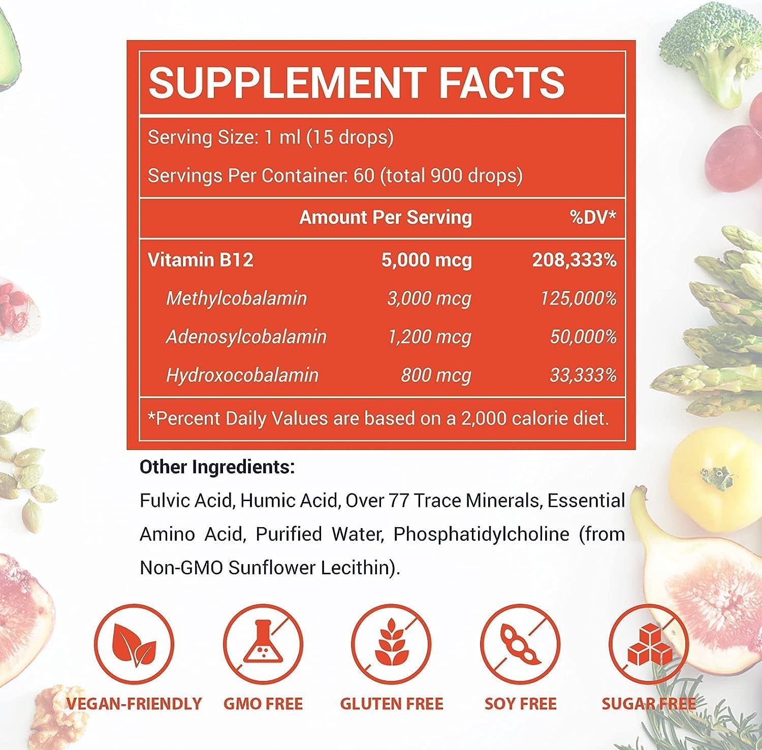 Vitamina B12 liposomal 5000mcg líquido sublingual maximiza la absorción, vegano B12 metilado con ácido fúlvico, metilcobalamina 3 en 1 para energía,