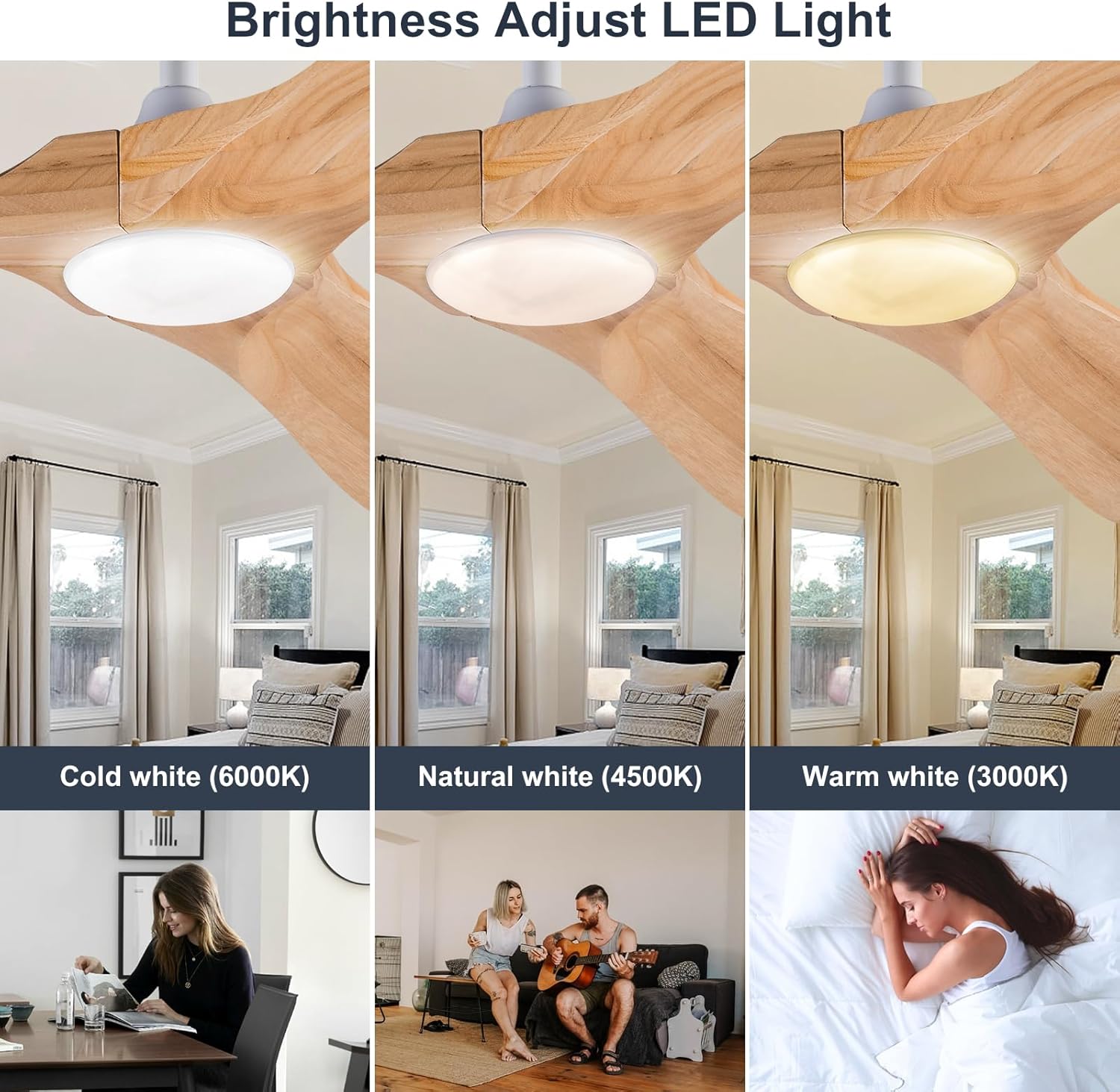 BOOMJOY Ventilador de techo de madera de 52 pulgadas con control remoto de luces, 3 temperaturas de color y cuchillas reversibles de 6 velocidades,