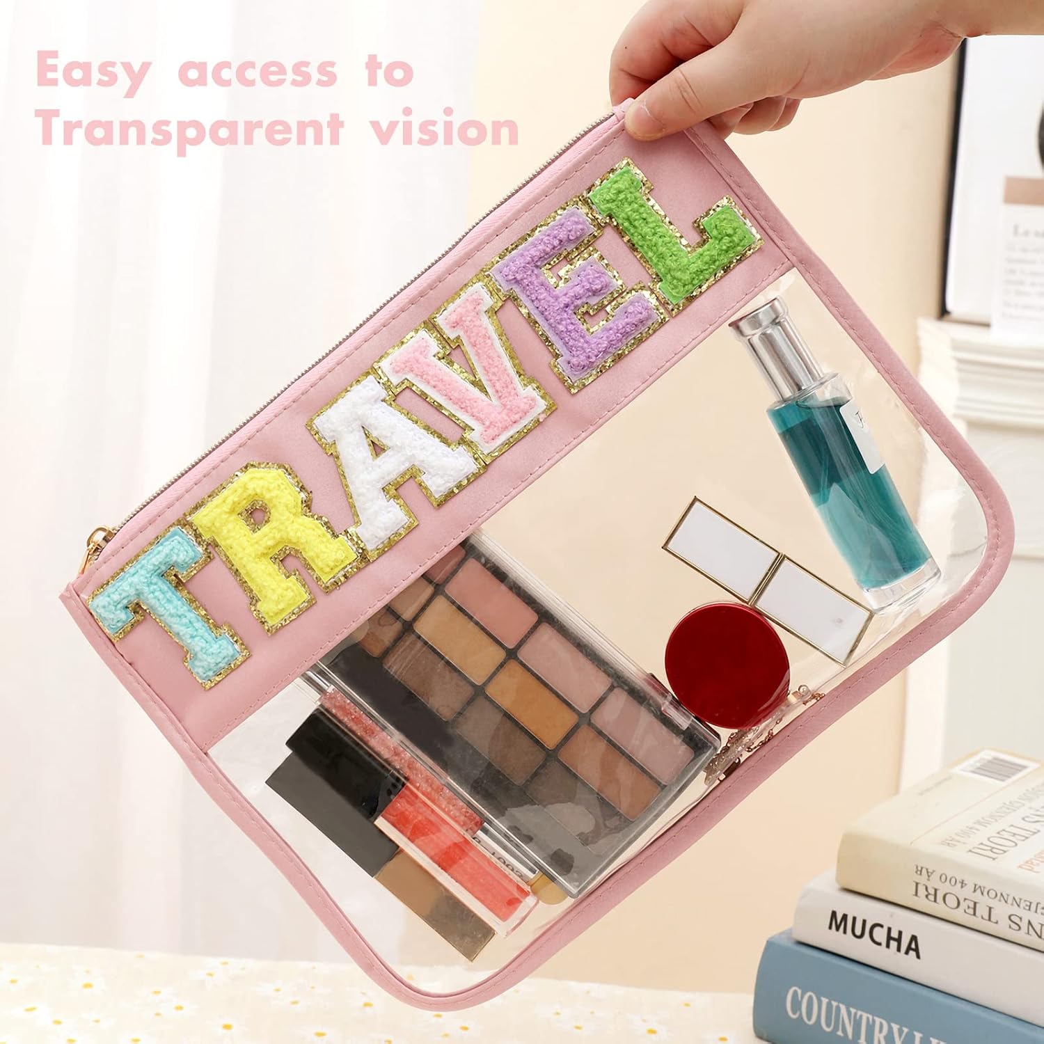 Bolsa de felpilla plana transparente, bolsas multiusos de PVC y nailon, bolsa de maquillaje de viaje con cremallera para mujeres y niños, bolsas