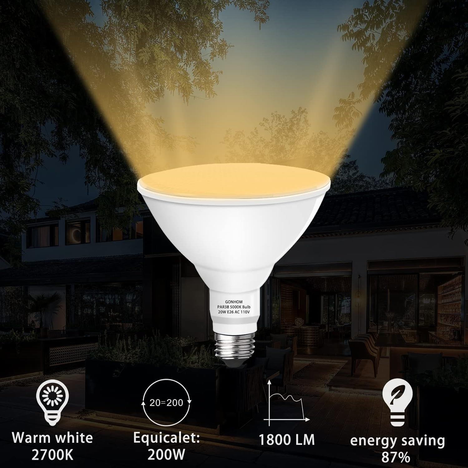 Par38 – Bombillas LED de inundación para exteriores, 2 unidades, regulables, color blanco suave, 2700 K, 20 W, reemplazo de hasta 200 W, 1800 LM,
