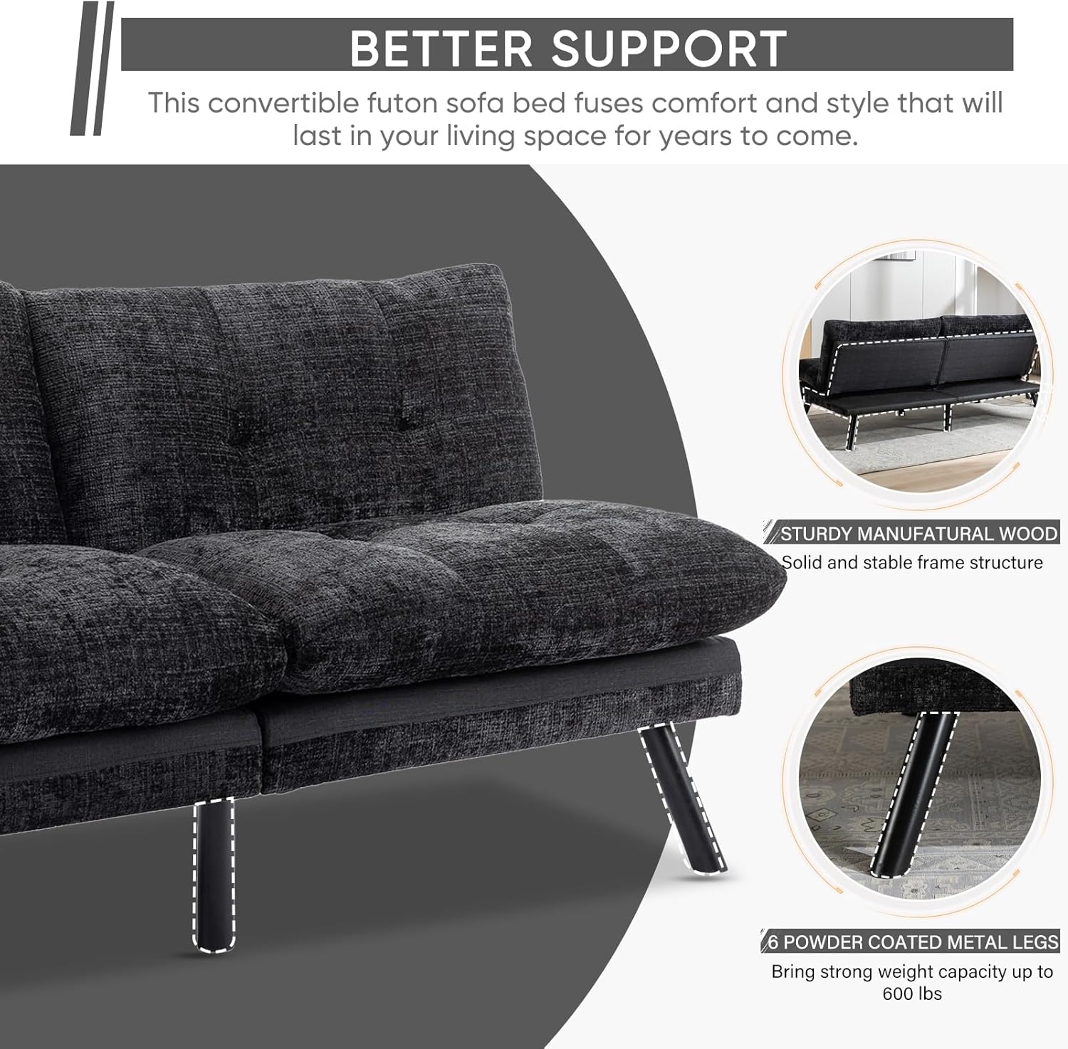 Sofá cama futón, sofá cama convertible de espuma viscoelástica, sofá biplaza pequeño con respaldo dividido para sala de estar, moderno asiento de