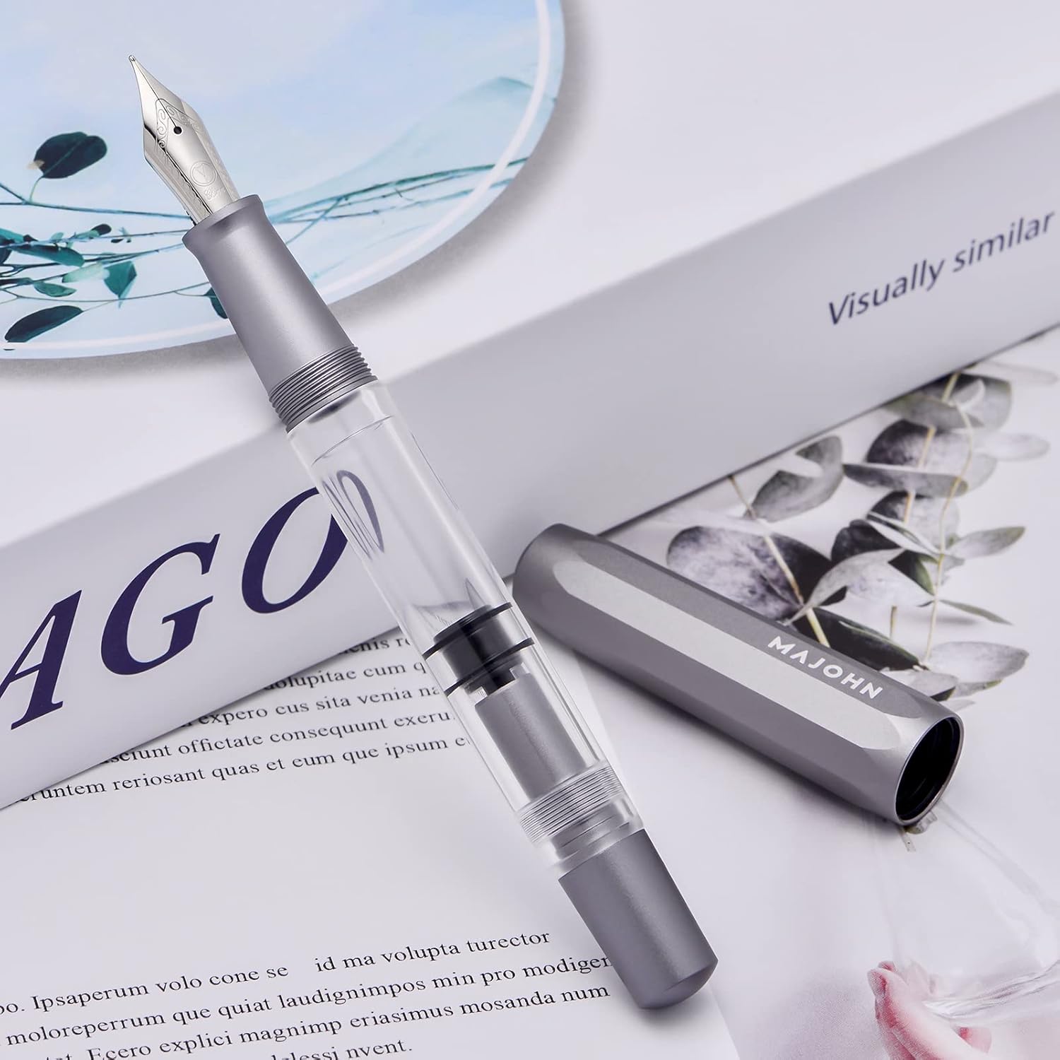 Pluma estilográfica de pistón T1, punta fina, caja de pluma de escritura de gran capacidad de tinta de acrílico transparente de aluminio gris