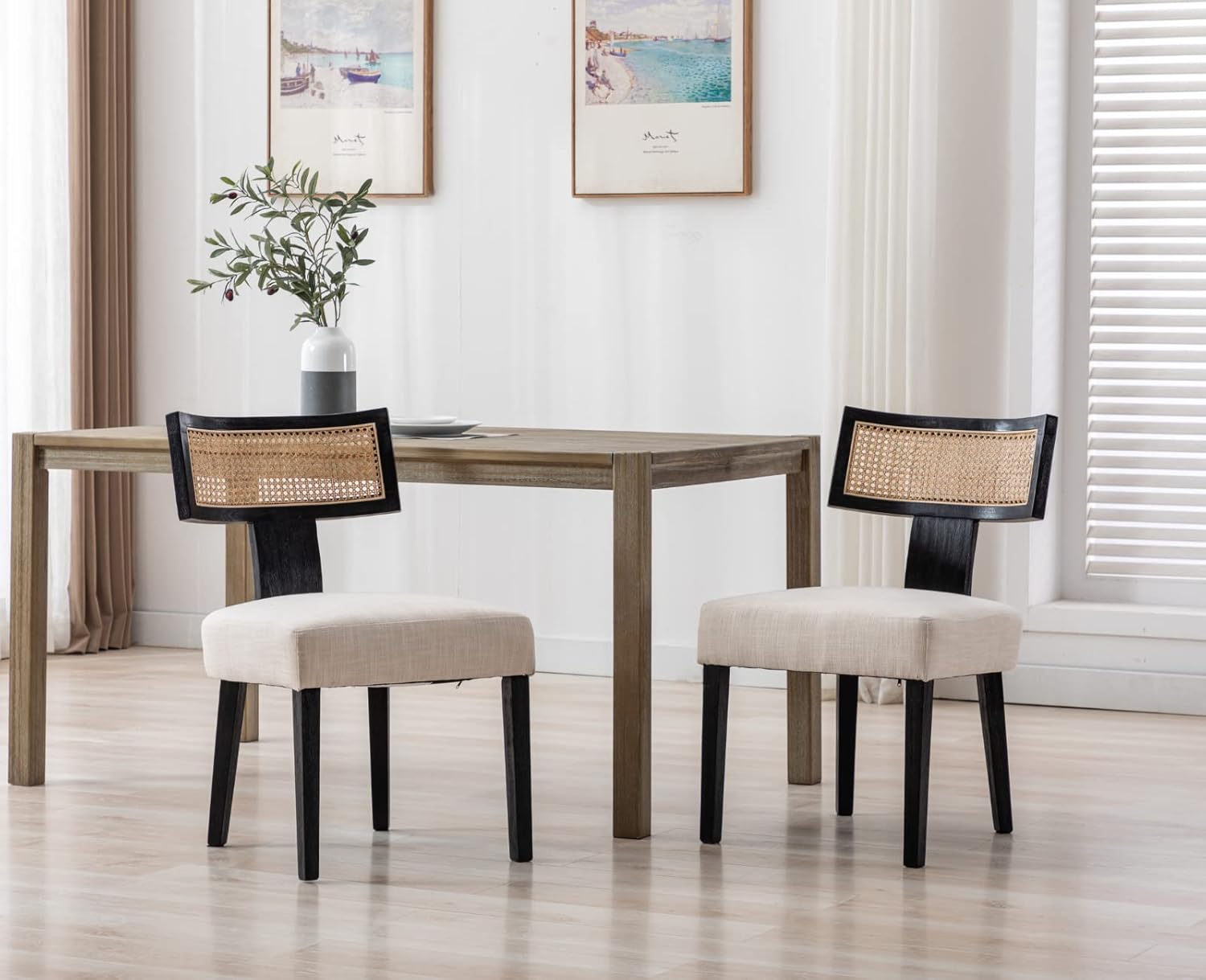 Shunzhi Juego de 2 sillas de comedor tapizadas estilo casa de campo, modernas de mediados de siglo, sillas de cocina de lino de ratán, sillas