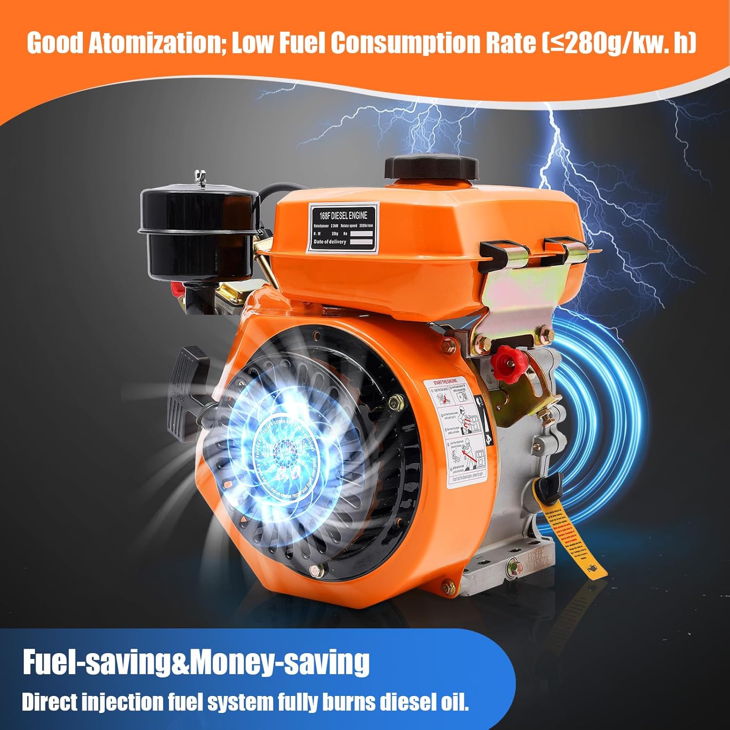 Motor diesel, Motor Go Kart, Motor diesel de un solo cilindro refrigerado por aire de 196cc de 4 tiempos, Motor horizontal oblicuo 168f para
