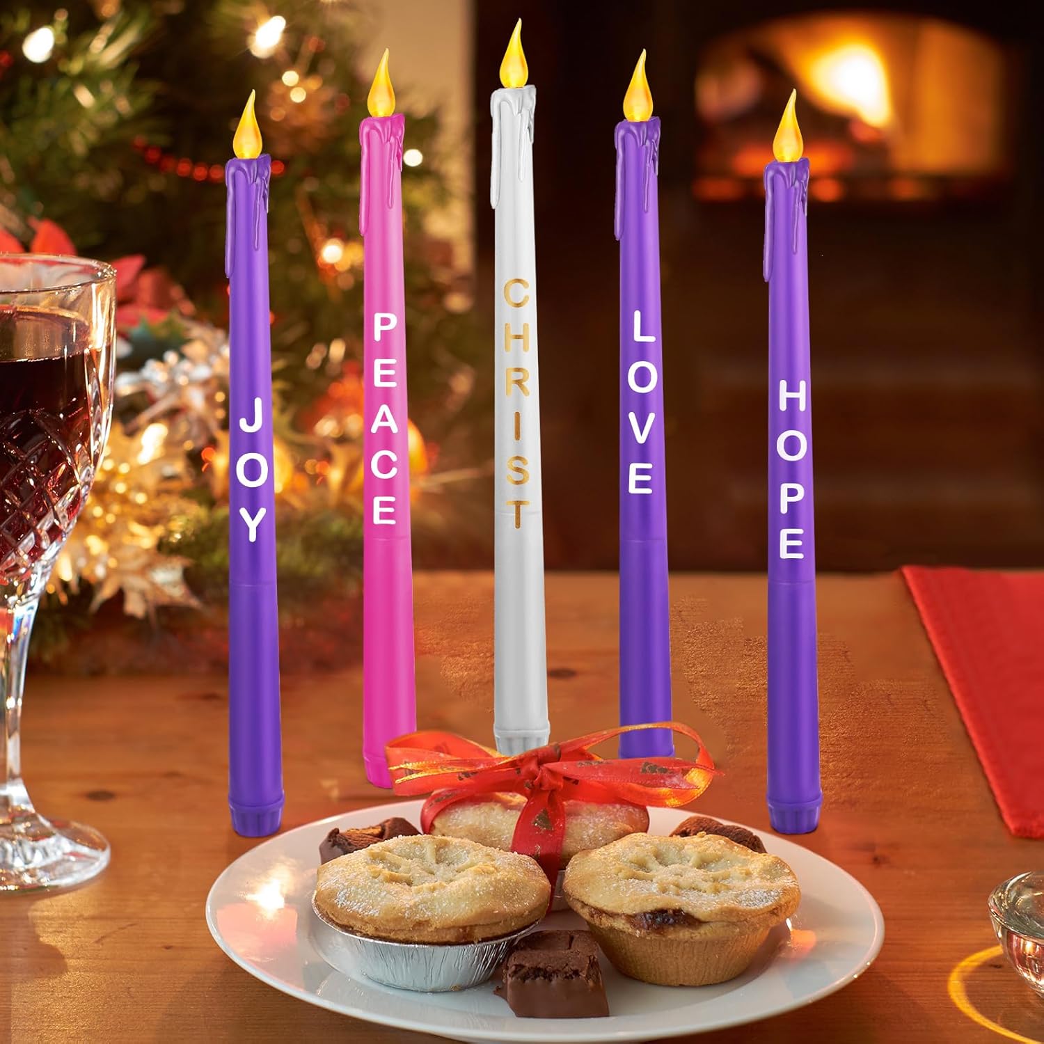 Juego de 5 velas LED de Adviento sin llama, velas de Adviento de Navidad con palabras, esperanza, paz, amor, alegría, Cristo, morado, rosa, blanco,