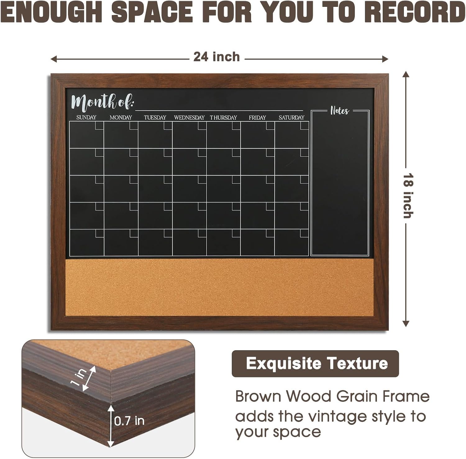 4 THOUGHT Pizarra de pizarra con calendario y corcho, tablero de anuncios de 18 x 24 pulgadas, pizarra magnética para pared, tablero de combinación