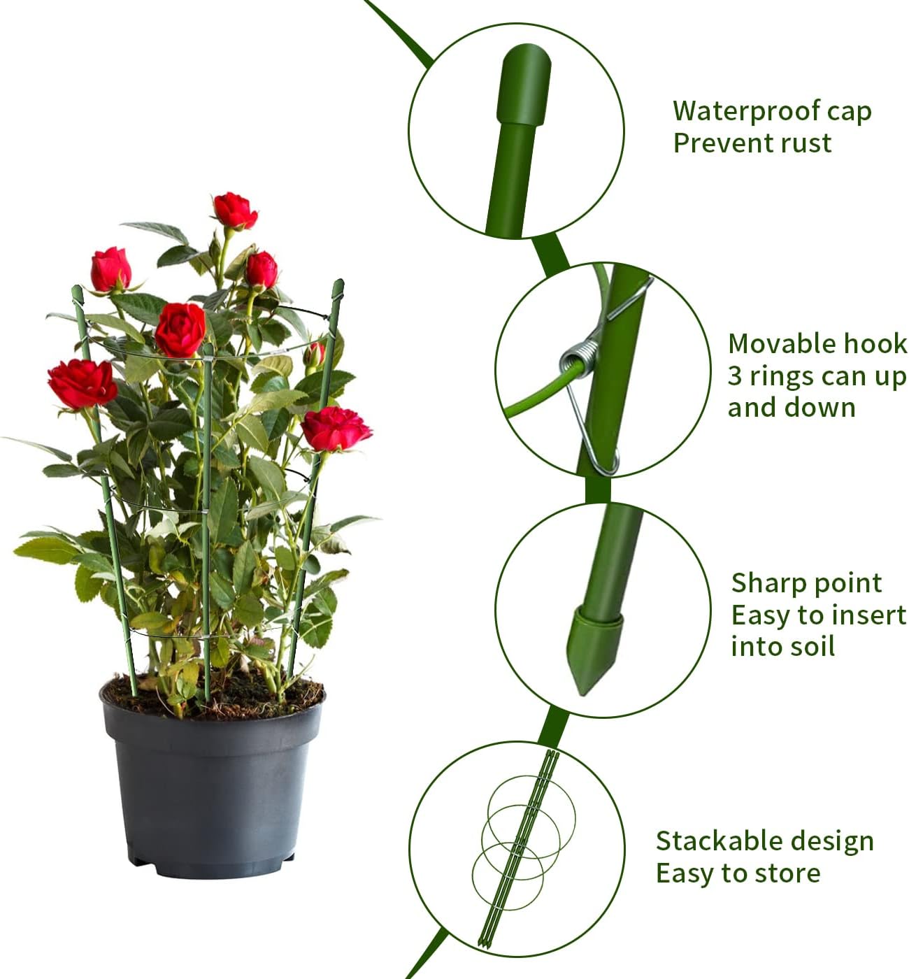 Paquete de 8 jaulas de tomate para soporte de plantas de jardín, jaulas pequeñas de tomate de 18 pulgadas con anillos ajustables, estacas para