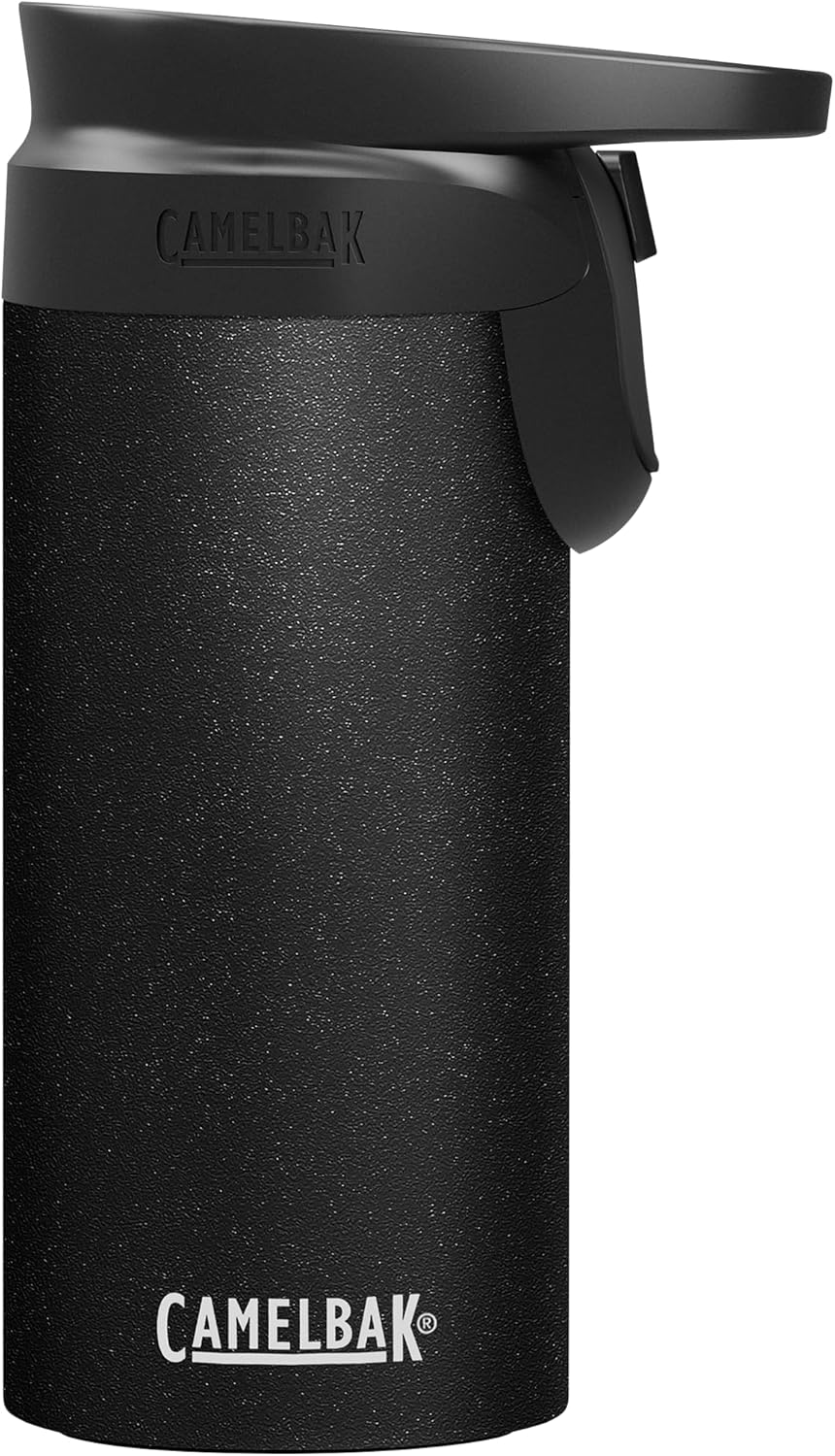CamelBak Forge Flow – Taza de café y viaje de 12 onzas, acero inoxidable aislado, base de silicona antideslizante, fácil operación con una sola mano