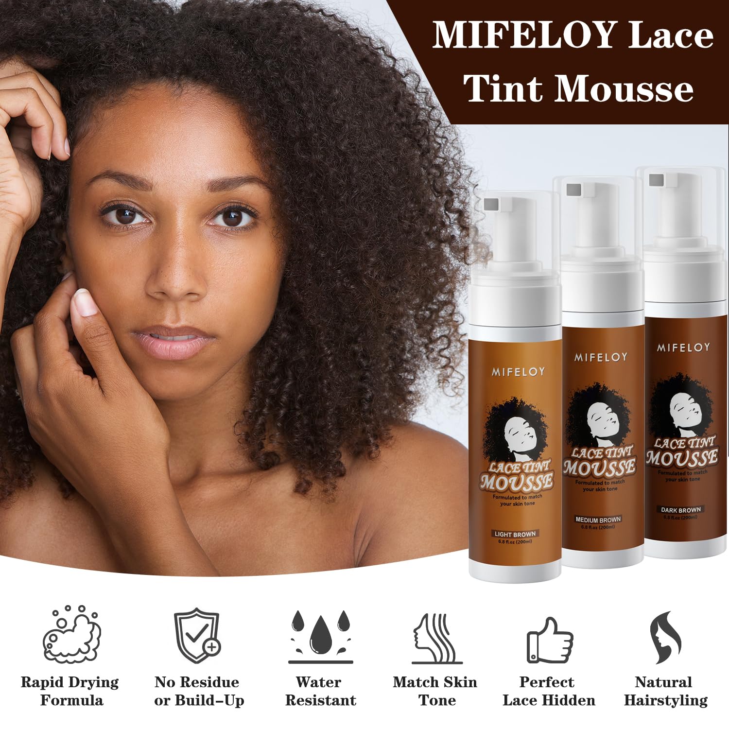 Tinte de encaje para mujer, espuma de mousse de 6.8 onzas líquidas, marrón medio moca, acabado natural, control de bordes de color de encaje,