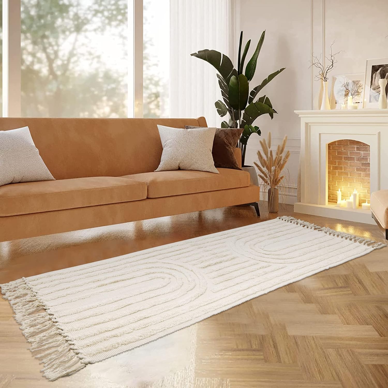 Lanffia Alfombra bohemia de 2 x 6 pies, color beige, alfombra de pasillo lavable con borlas, para interiores, casa de campo, neutro, para cocina,