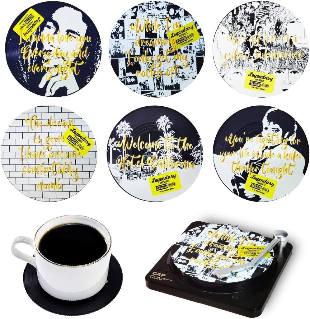 Divertidos posavasos retro de discos de vinilo para bebidas con soporte para reproductor de discos de vinilo para amantes de la música con caja de