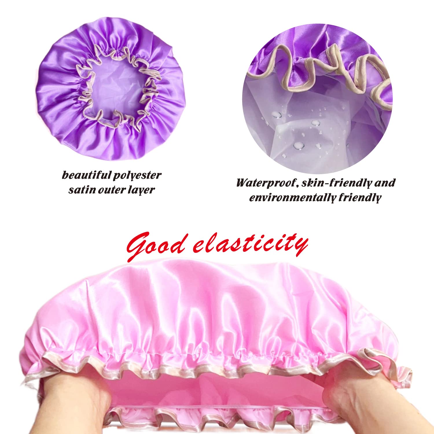 Gorros de ducha para mujer, 3 unidades, impermeables, de plástico, reutilizables, con estilo, de satén, doble capa, elástico, para mujeres, niñas,