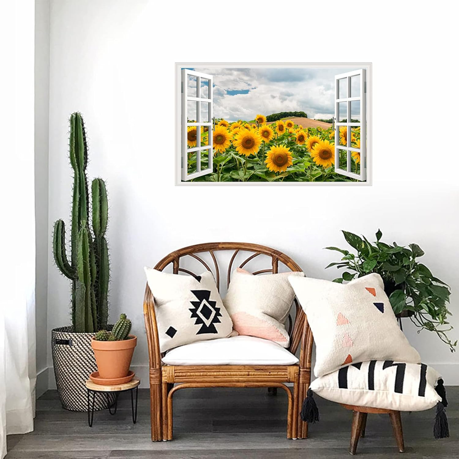 Adhesivo de pared de girasol, removible 3D, para ventanas falsas, vinilo autoadhesivo con girasol, para ventana, decoración de dormitorio, sala de