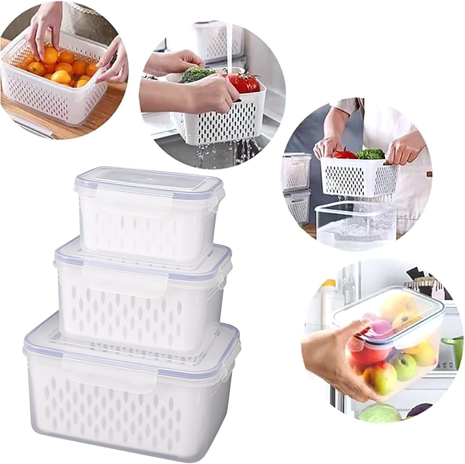 Contenedores de almacenamiento de frutas para refrigerador con tapas y asas, paquete de 3 recipientes herméticos sin BPA a prueba de fugas,