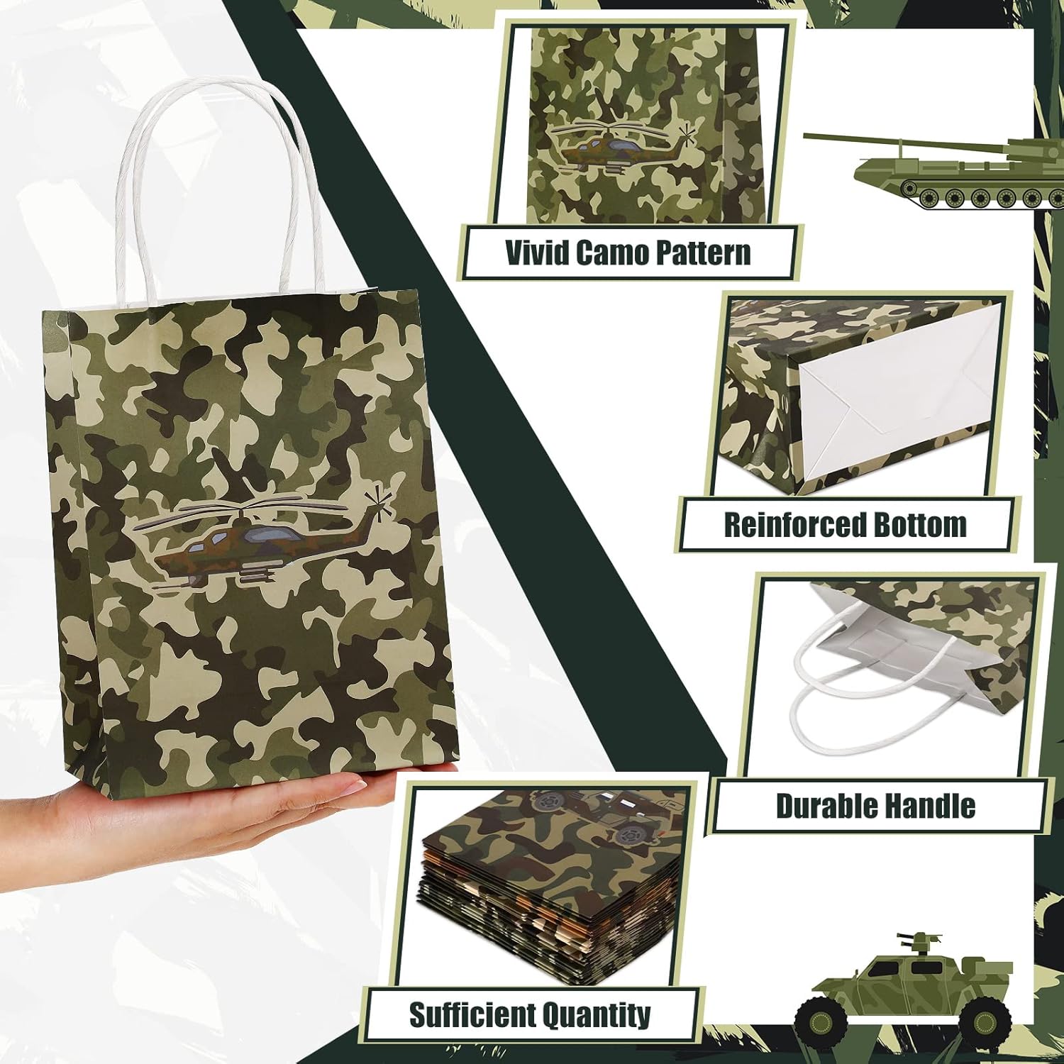 Paquete de 24 bolsas de regalo de camuflaje para fiesta de cumpleaños, bolsas de golosinas, bolsas de dulces con temática de camuflaje para niños y