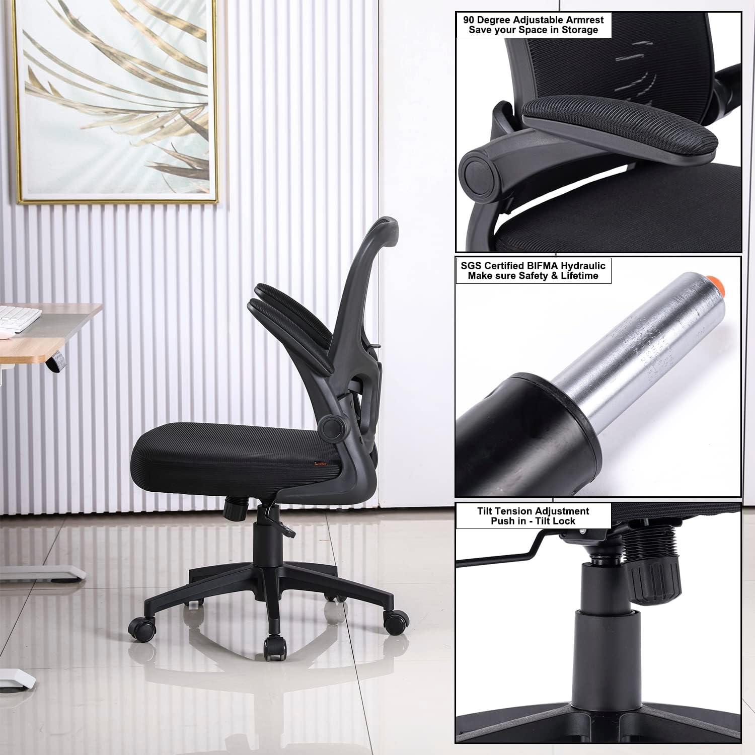 Furniliving Silla de oficina ergonómica de malla, silla de oficina en casa, silla de trabajo con respaldo medio con soporte lumbar, función de
