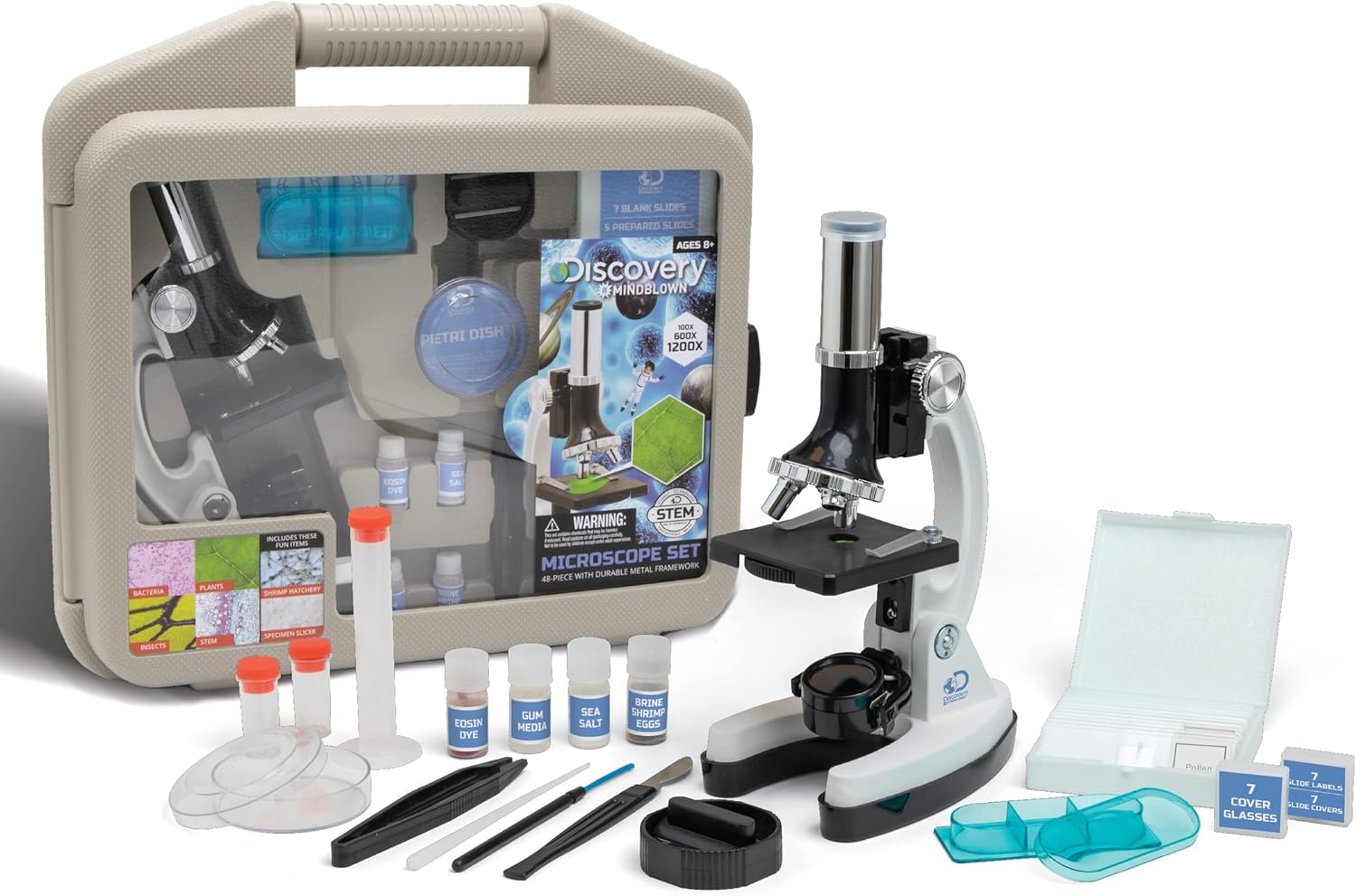 Discovery #MINDBLOWN – Juego de microscopio de 48 piezas con marco de metal duradero, aumento de 100X a 1200X, juego completo con tubos de ensayo,