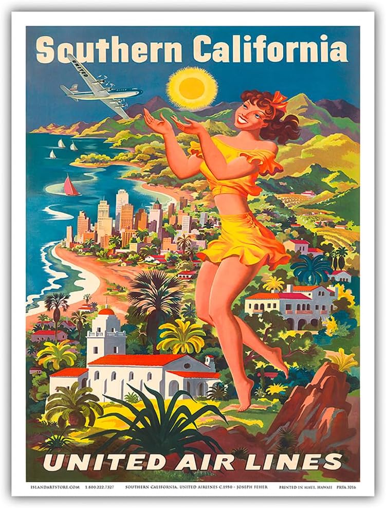 Southern California – United Air Lines – Póster vintage de viaje de aerolínea por Joseph Fehér c.1950 – Impresión artística maestra de 9 x 12