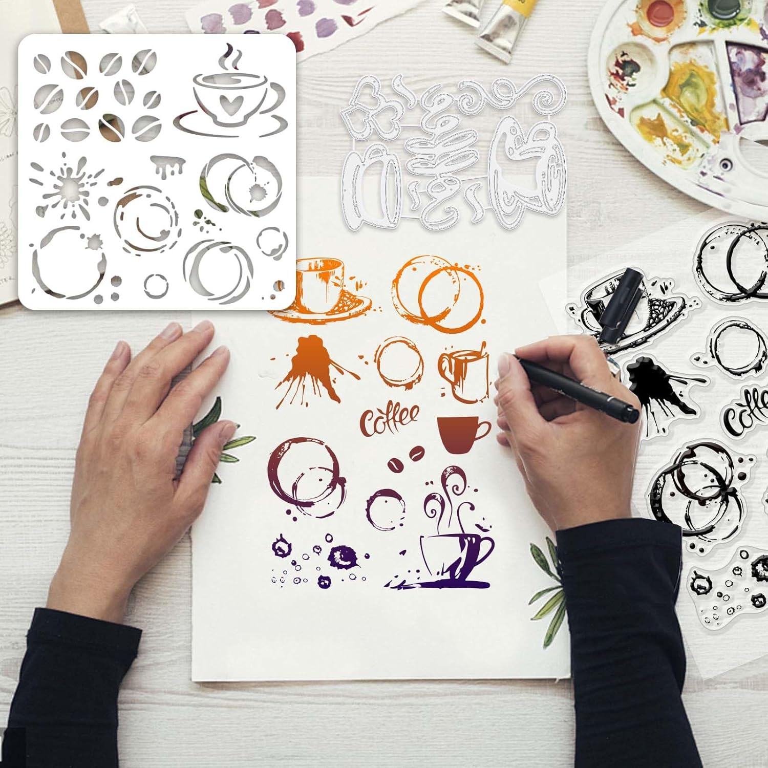 GLOBLELAND Juego de sellos y troqueles transparentes para salpicaduras de café y troqueles para hacer tarjetas, plantillas de PET para decoración de
