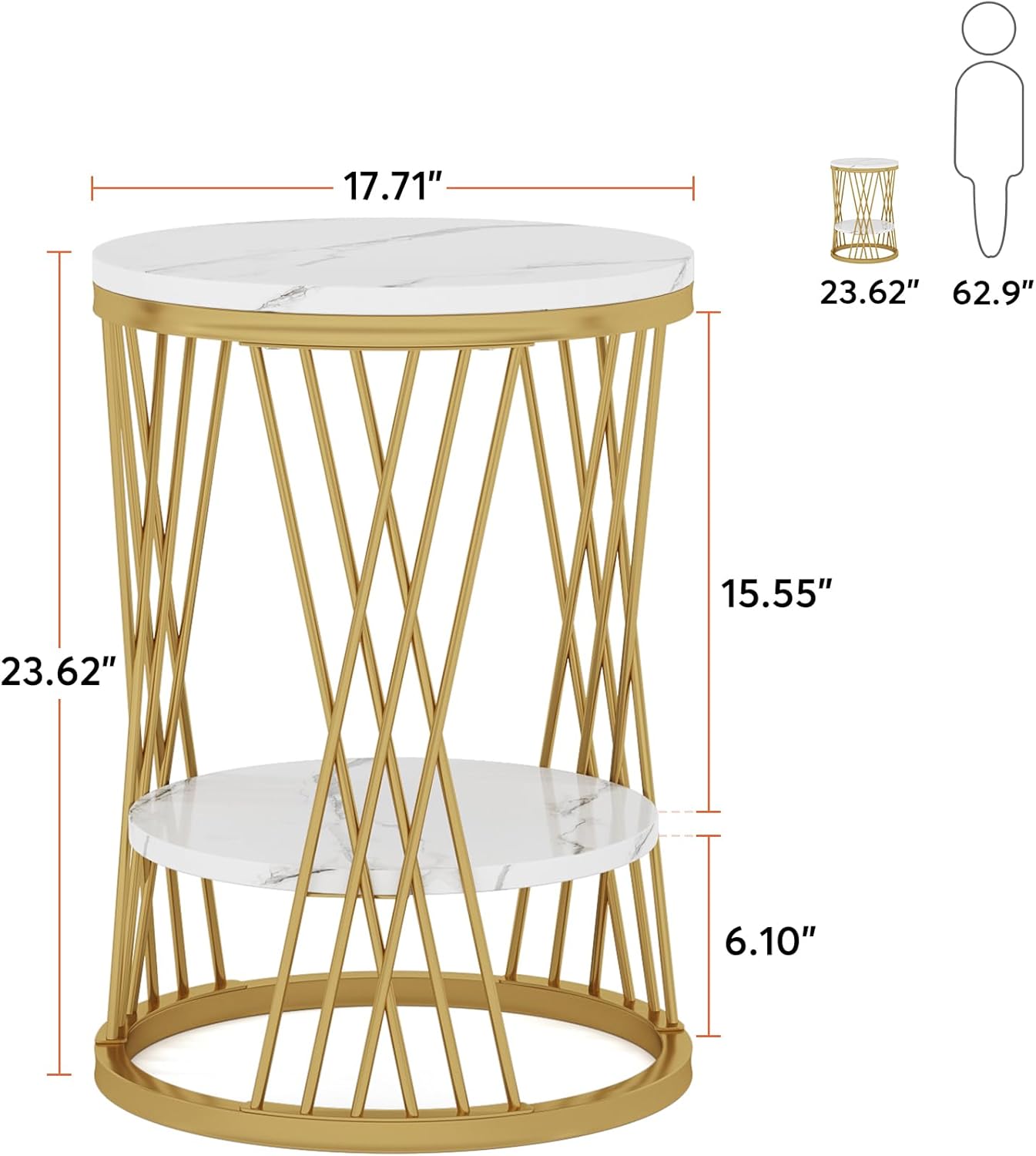 Mesa auxiliar redonda de oro blanco, mesa auxiliar moderna de mármol sintético de 2 niveles con almacenamiento, mesa de noche con marco de metal