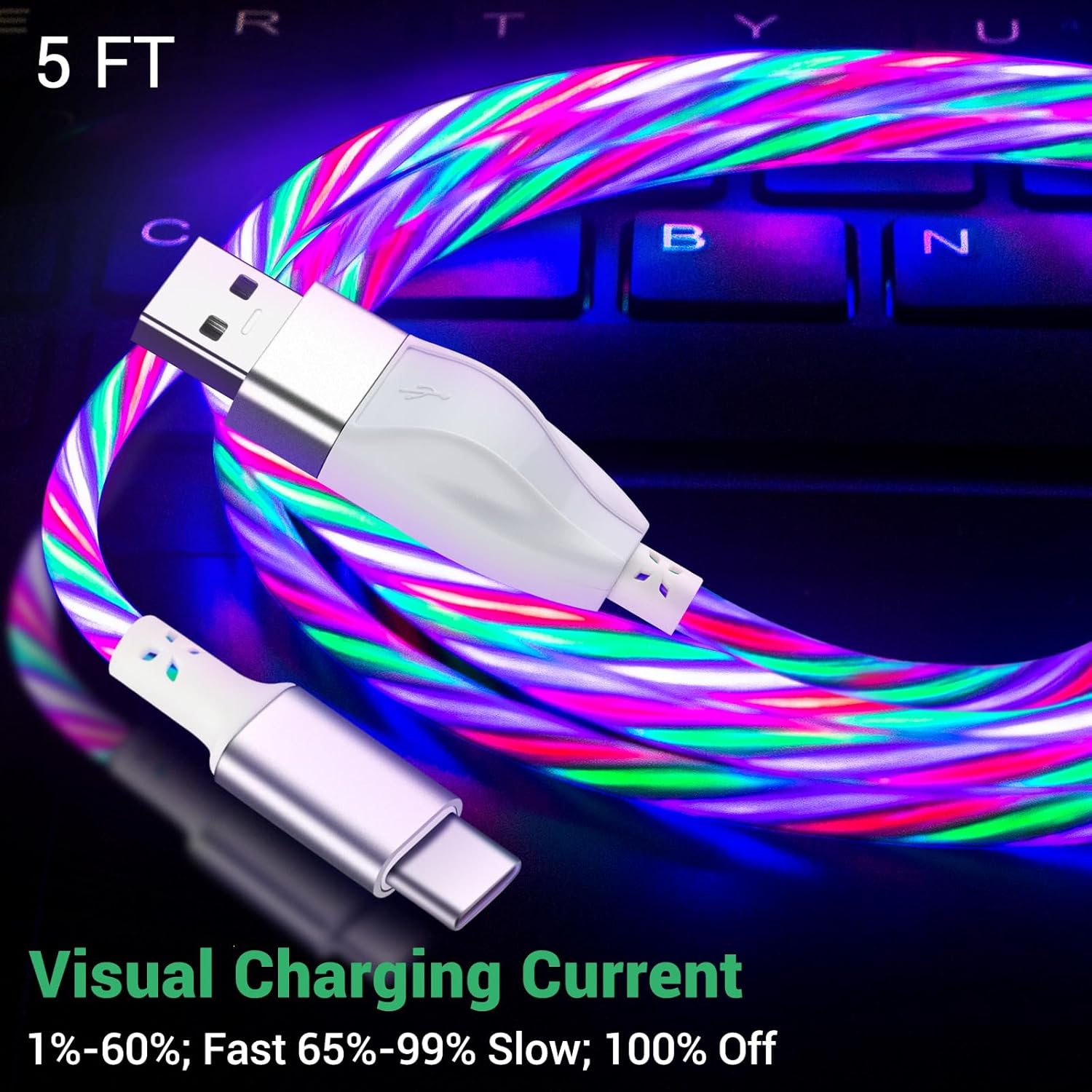 Aolcev Cable USB C con luz de 5 pies, cable USB A a USB C de 120 W, cargador tipo C, cable de carga rápida para MacBook Samsung Galaxy S24 S23 S22
