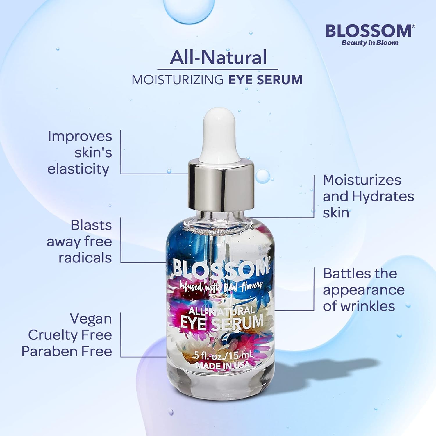 Blossom All Natural Organic – Suero hidratante para ojos sin crueldad animal con aceites esenciales, infundido con flores reales, fabricado en