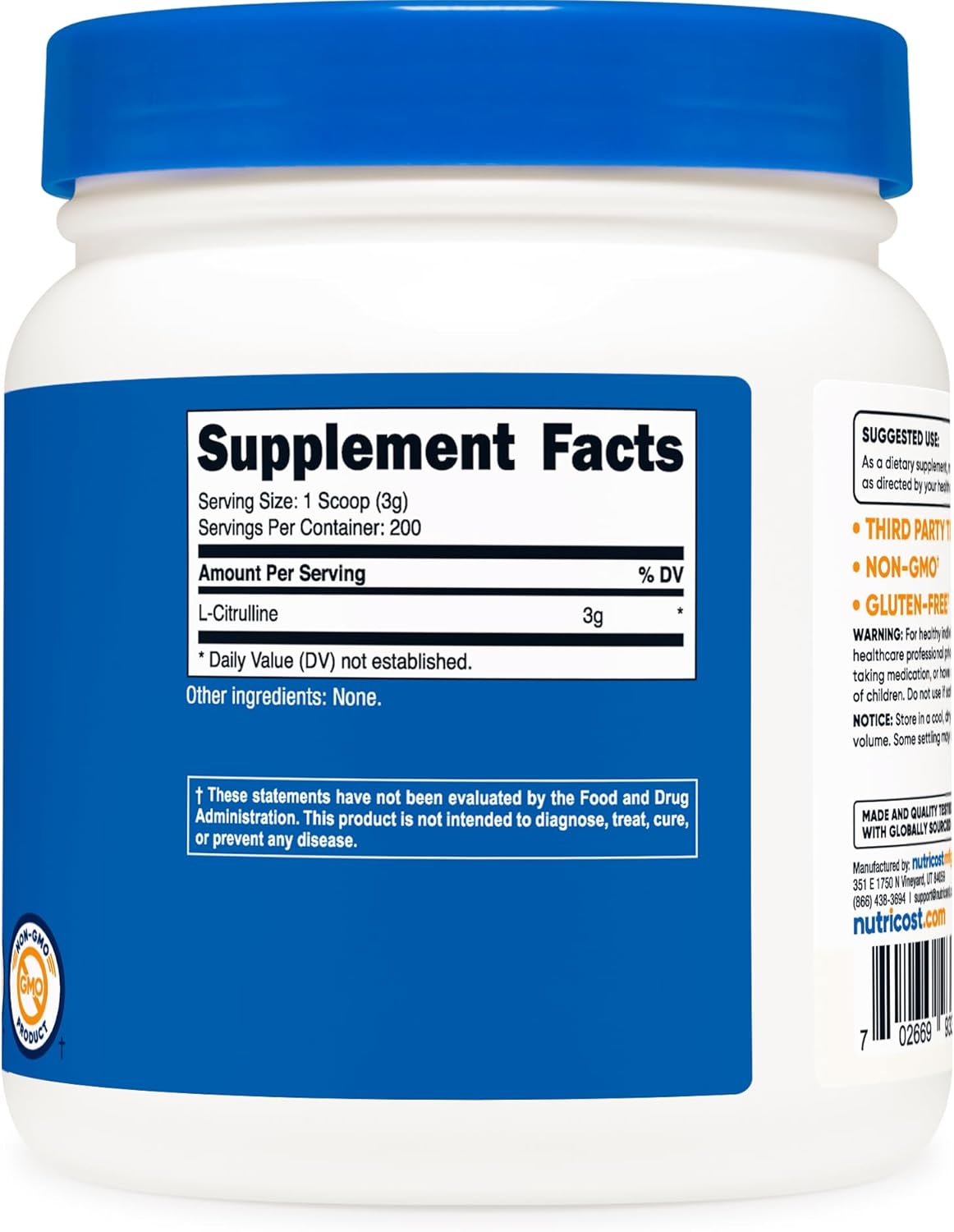 Nutricost L-citrulina pura (base) en polvo (21.16 oz) (2 botellas)
