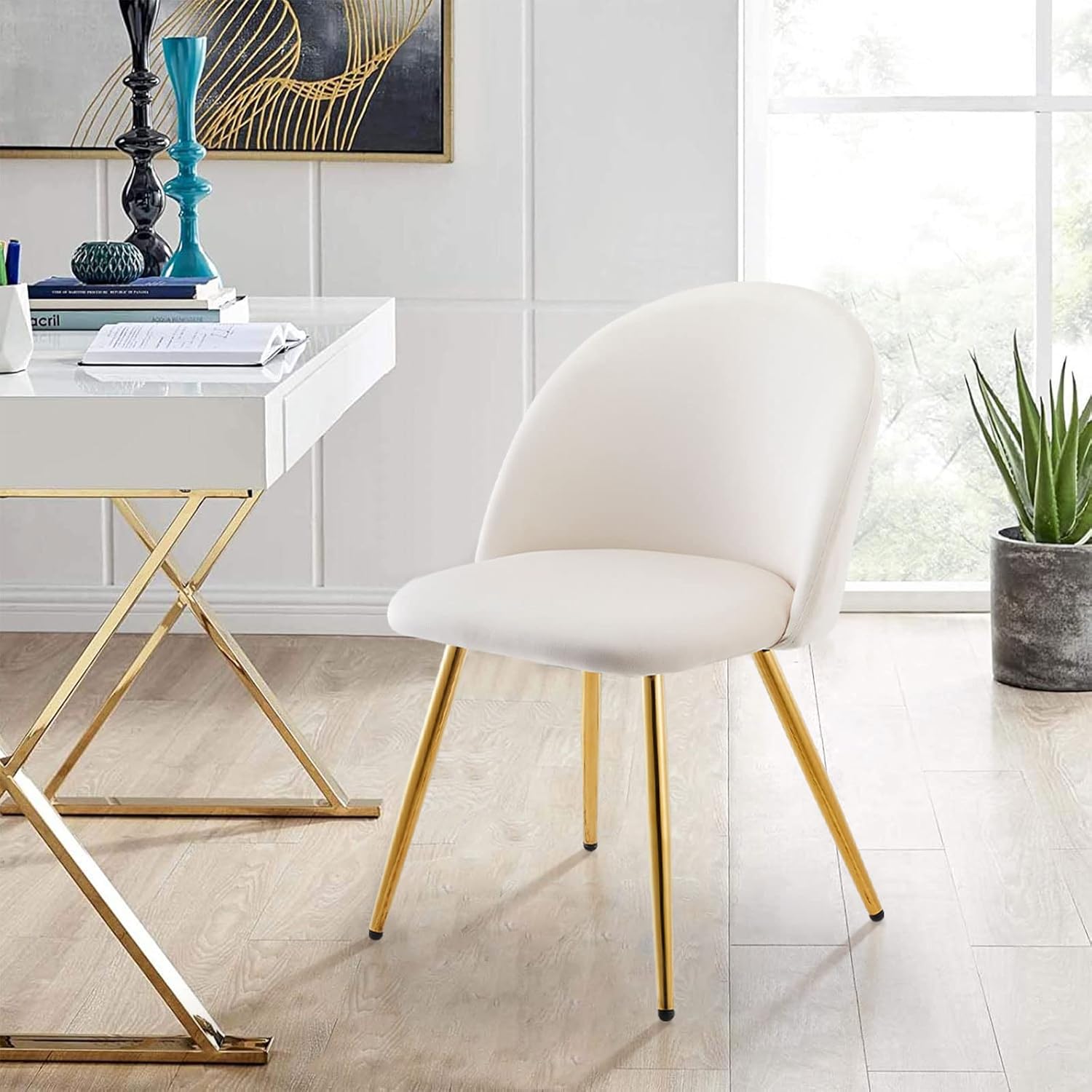TUKAILAi Juego de 2 sillas de comedor de terciopelo, silla auxiliar moderna, asiento tapizado y respaldo con patas cromadas doradas para cocina,
