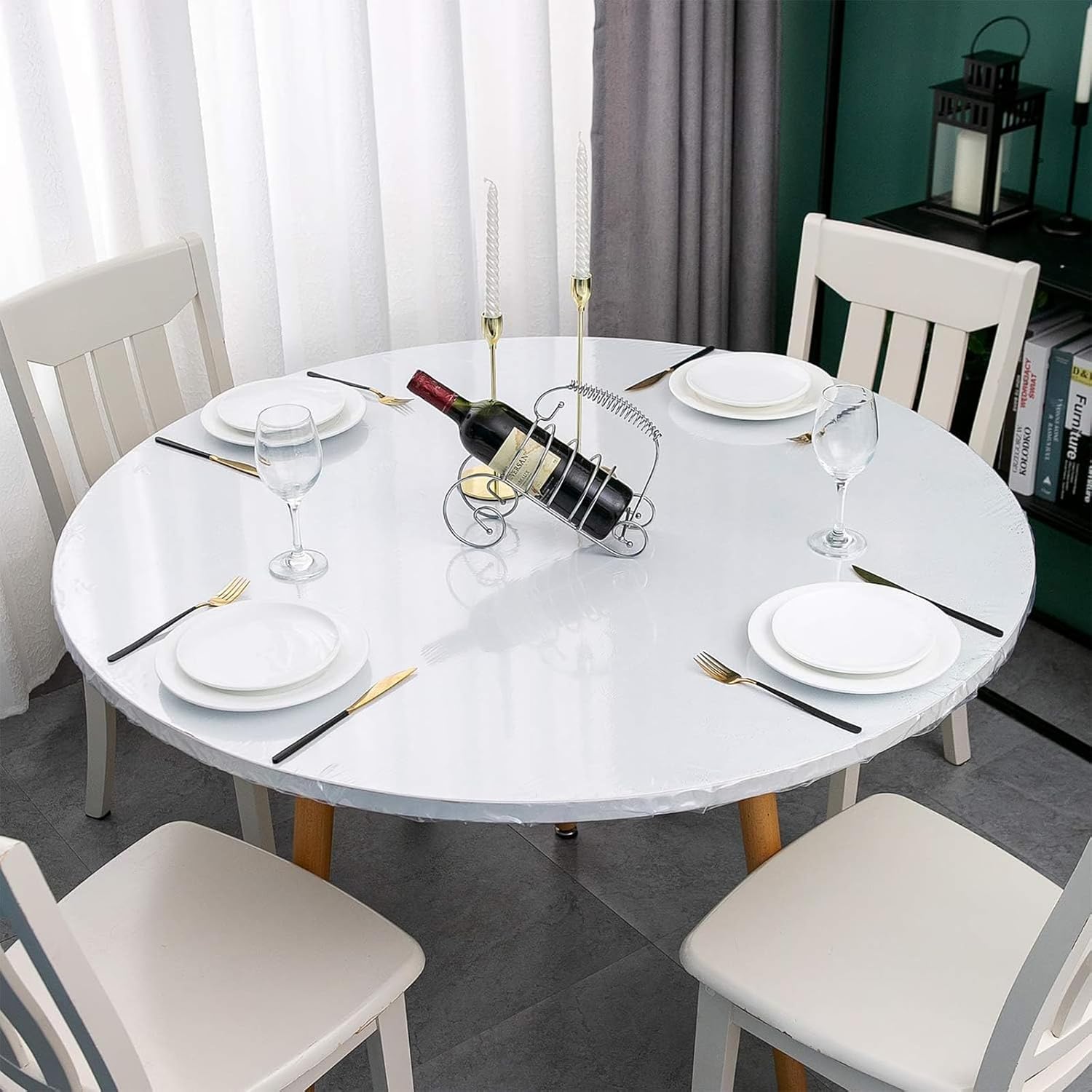 2 manteles para mesa redonda transparente para interiores y exteriores, mantel de vinilo ajustable resistente, lavable y transparente, protector de