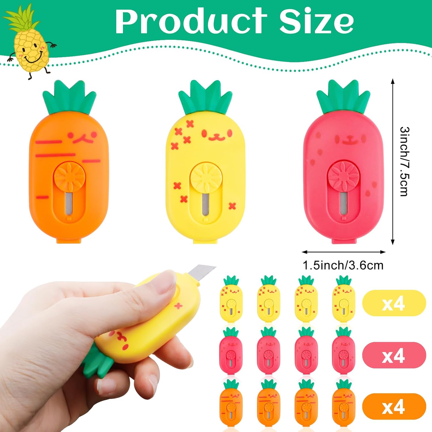 Lindo mini cortador de caja retráctil, pequeño abrecartas en forma de piña que se abren para abrir, cuchillos de seguridad portátiles Kawaii para