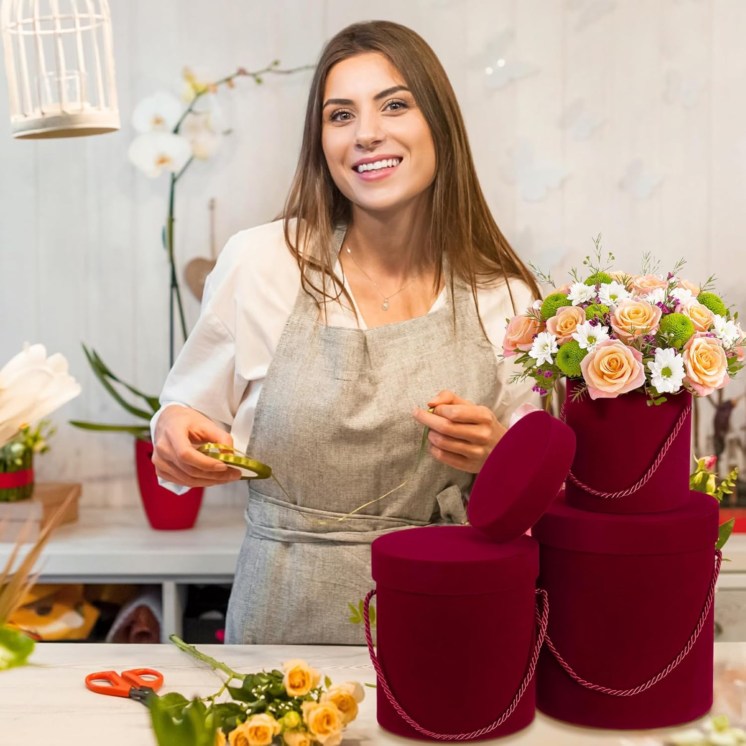 6 cajas redondas de terciopelo con tapas, caja de regalo de terciopelo de San Valentín con asa para arreglos de regalo de flores de lujo, boda,