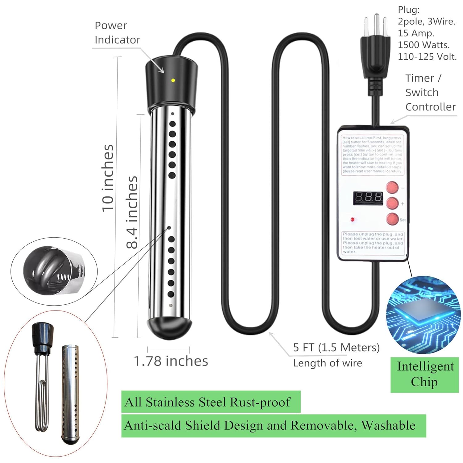 Calentador de agua de inmersión para bañera, calentador de cubo con apagado automático temporizado, calentador de agua sumergible eléctrico portátil