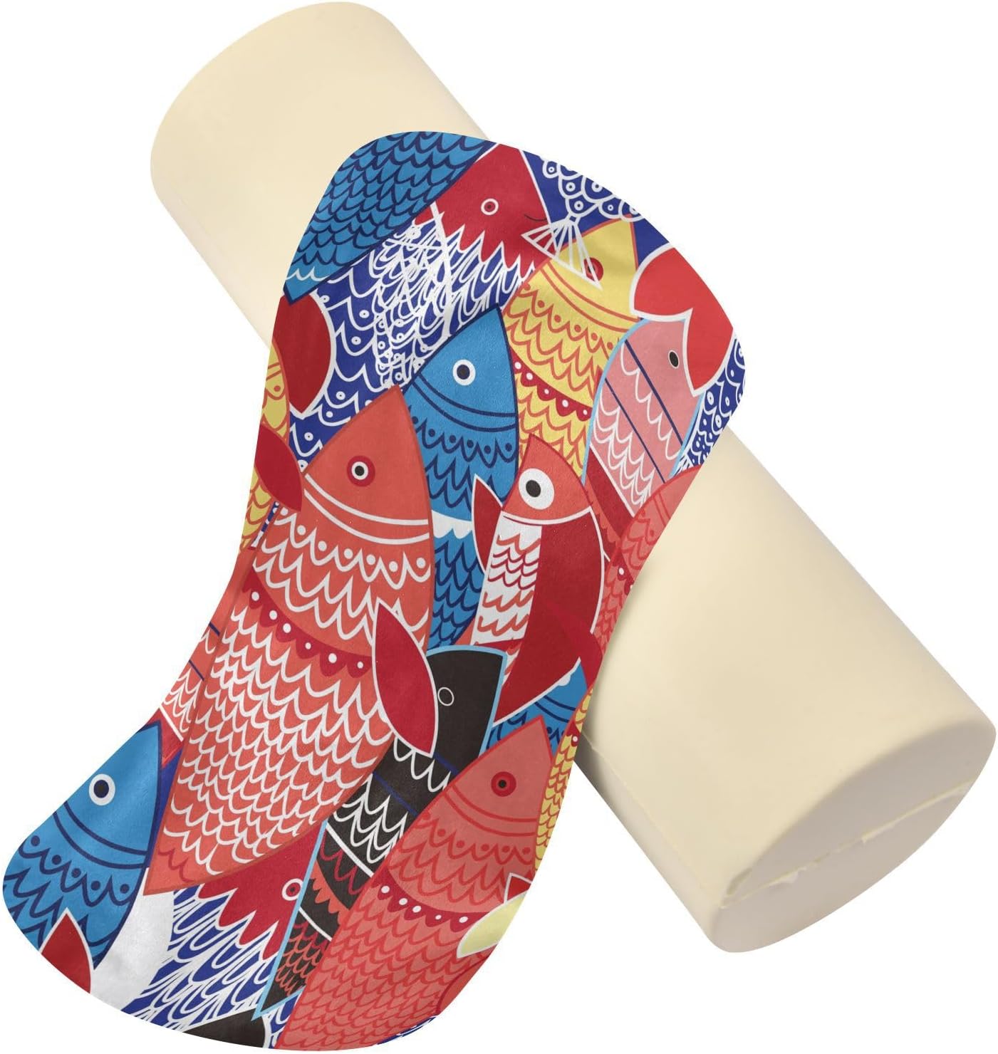 KLL Bright Colorful Fish on Blue Bolster Pillow Cervical Neck Roll Pillow Cover Soft Round Pillow Foam Cylinders Legs Support Pillow