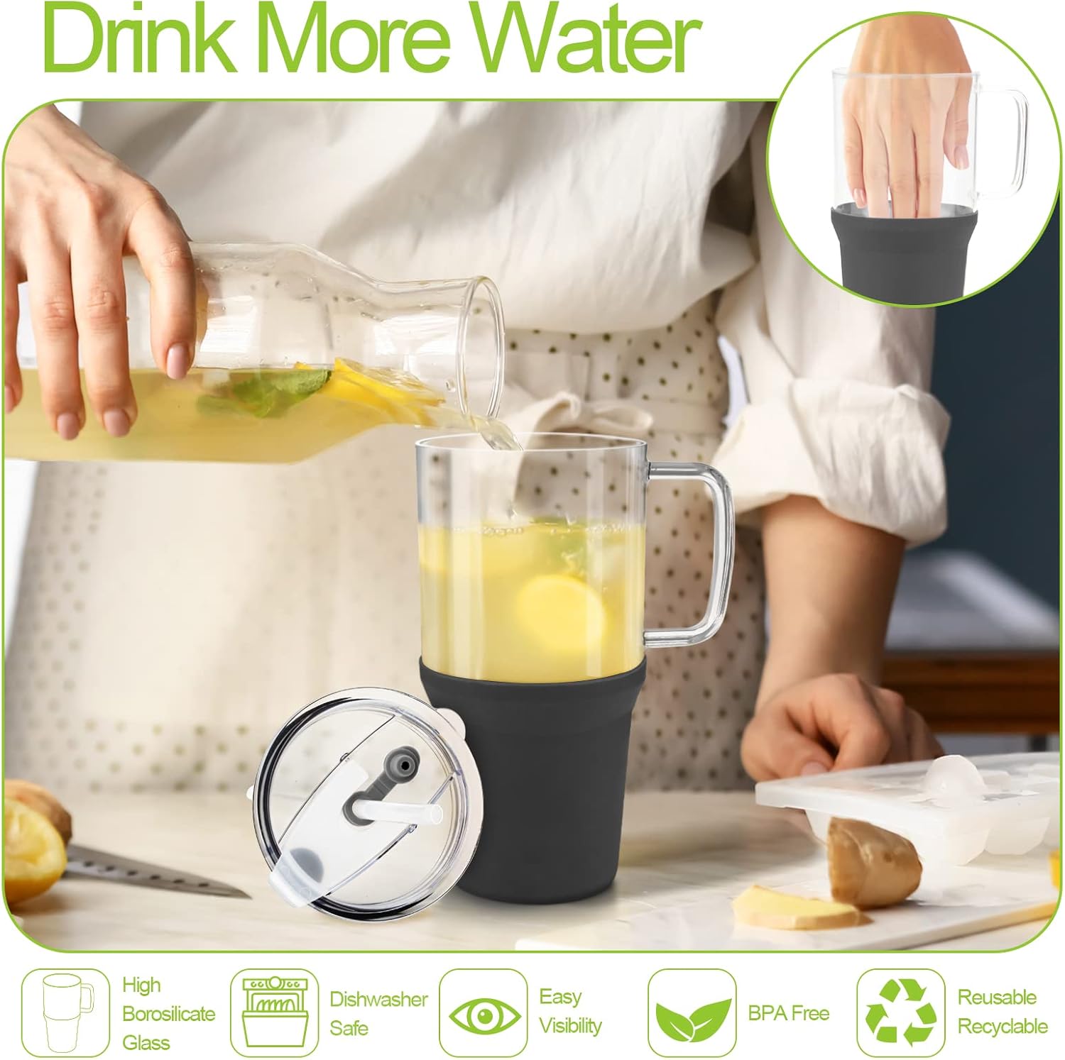 Zenbo Vaso de vidrio con tapa y popote, taza de café helado de 32 onzas con asa, botellas de agua de vidrio con funda de silicona, taza de vidrio